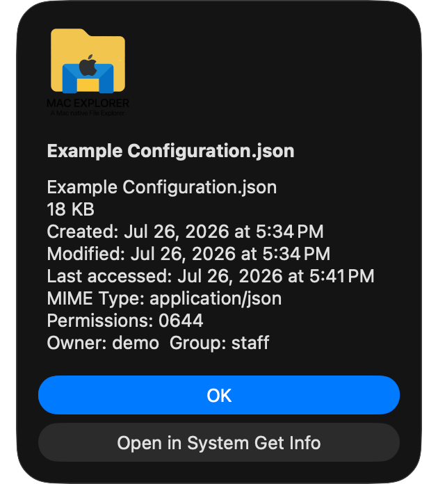 The quick Get Info dialog in Mac Explorer for a JSON file