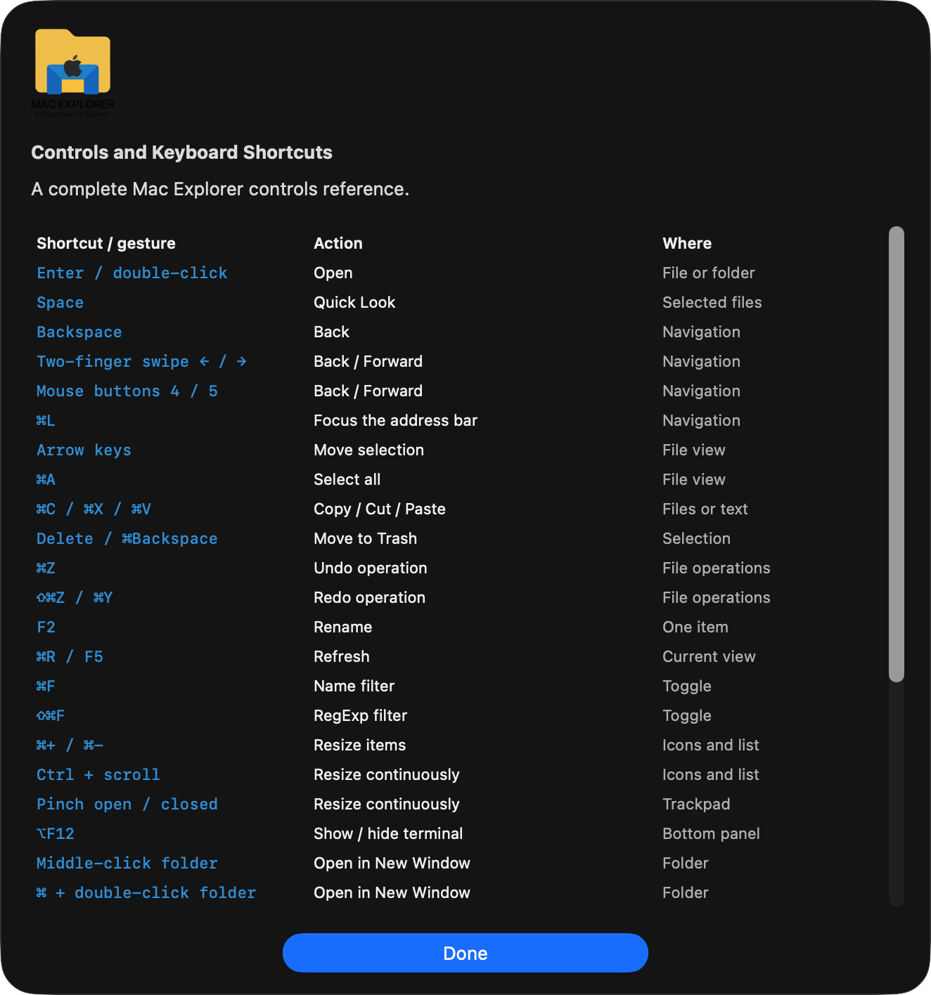 A window with the Mac Explorer controls and keyboard shortcuts cheat sheet in three columns