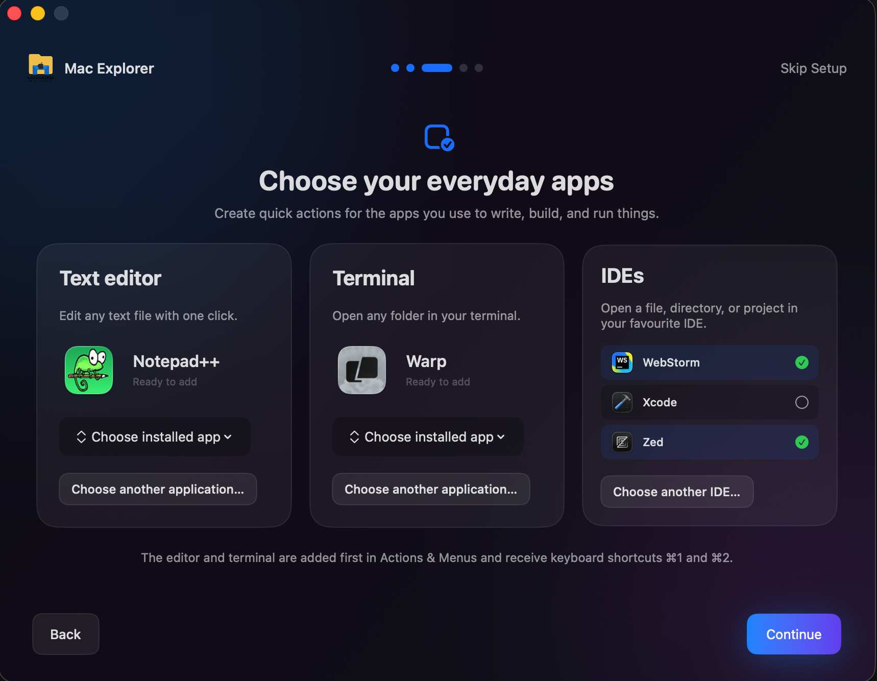 Mac Explorer setup screen titled Choose your everyday apps, with cards for a text editor, terminal and IDEs to create quick actions