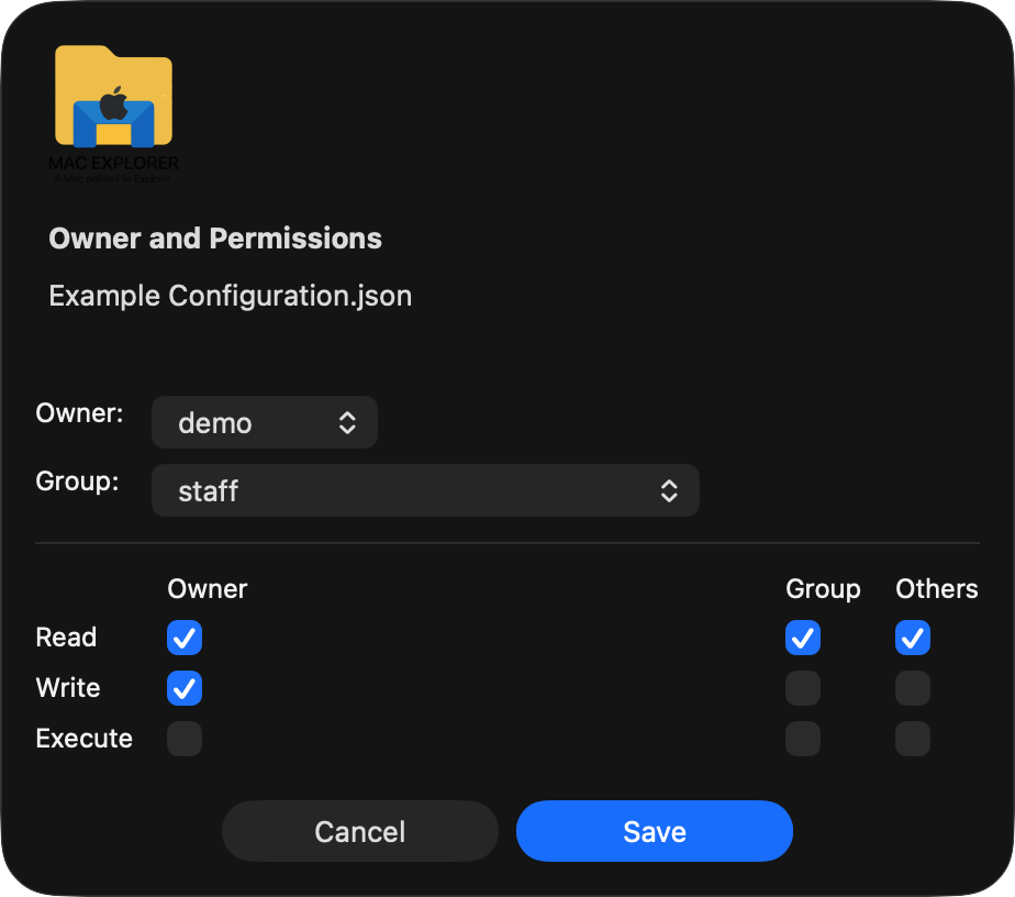 The owner, group and chmod permissions editor in Mac Explorer