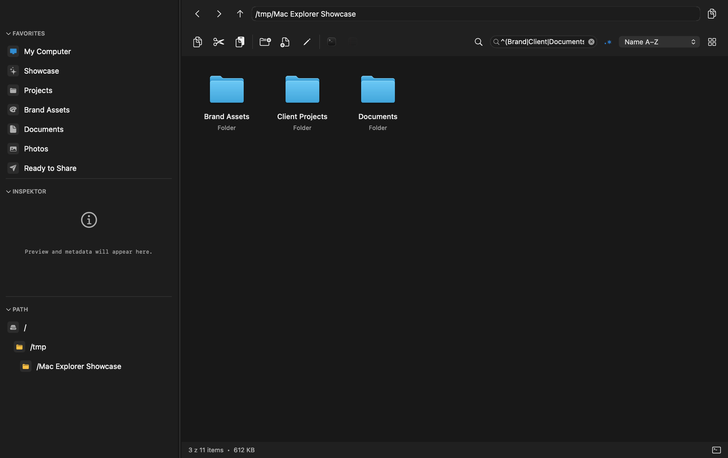 A Mac Explorer view with an active RegExp filter and four matching files