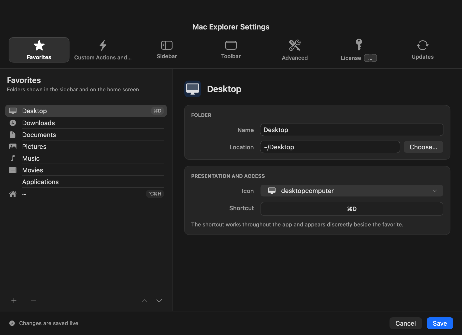 The Mac Explorer Settings window with tabs for Favorites, Custom actions and menus, Left panel, Top bar and Advanced