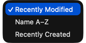 The Mac Explorer sort menu with options: Recently modified, Name A–Z, Recently created