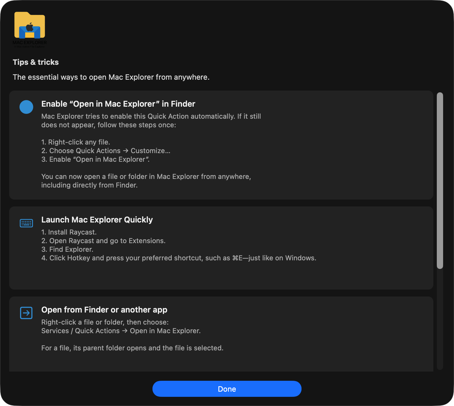 The Tips and tricks screen in Mac Explorer with instructions for enabling the Quick Action in Finder and a shortcut in Raycast